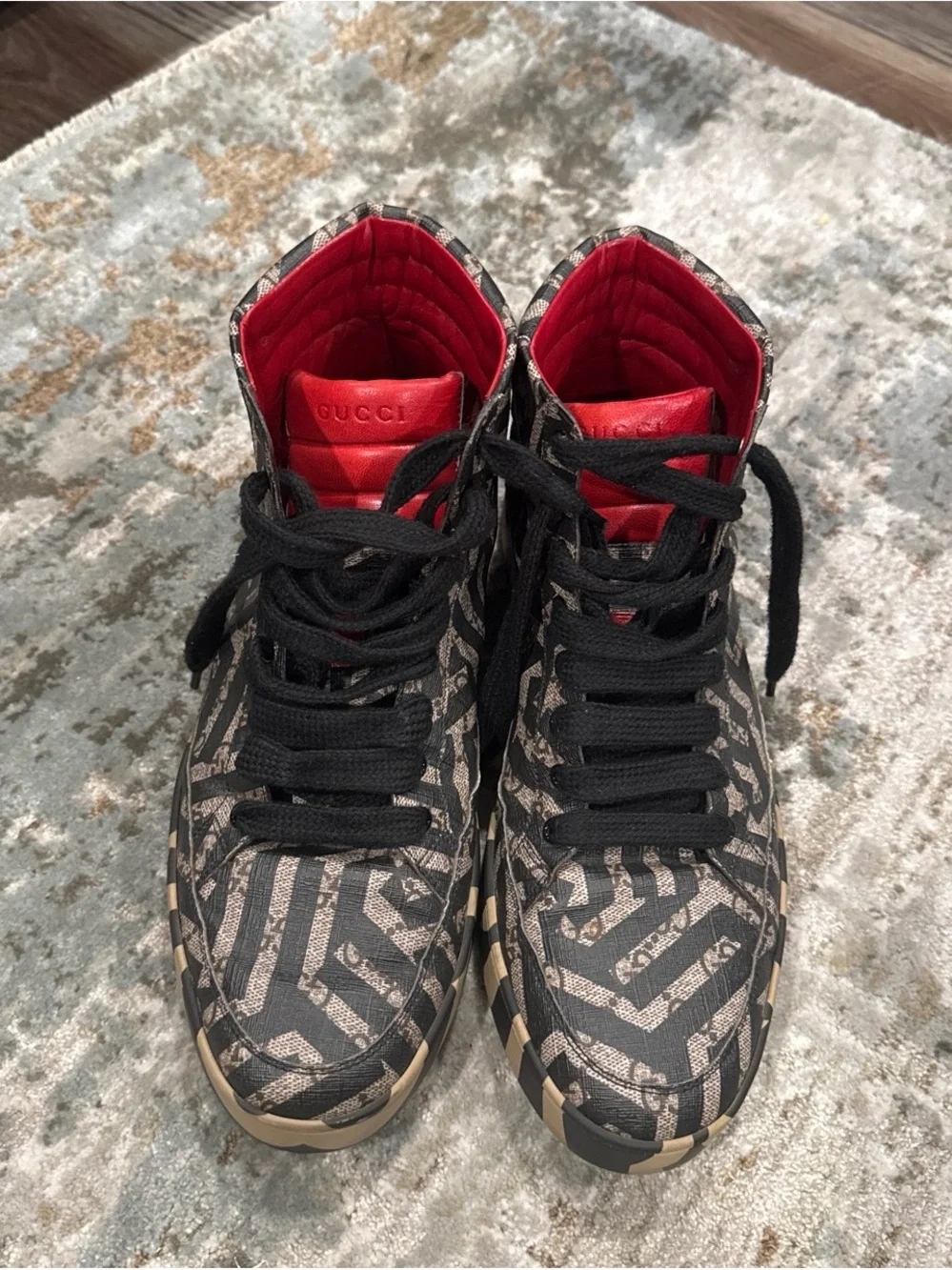 Gucci Black Gray Patterned High-Top Sneakers with Red Interior